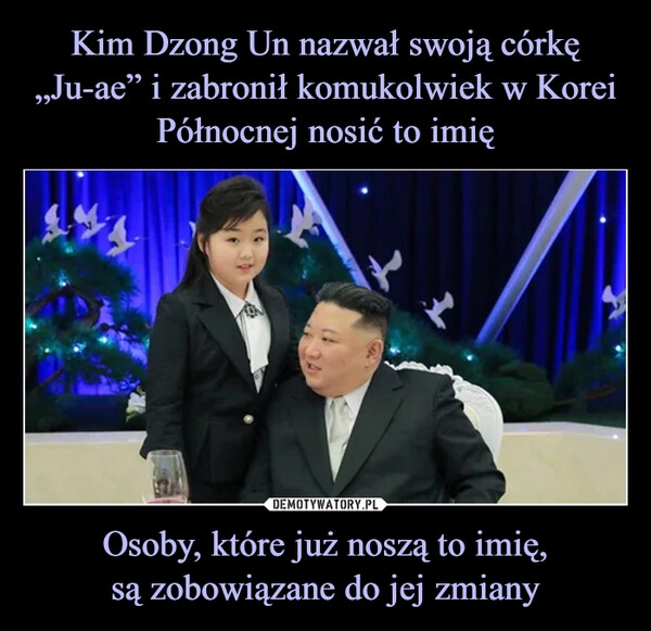 
    Kim Dzong Un nazwał swoją córkę „Ju-ae” i zabronił komukolwiek w Korei Północnej nosić to imię Osoby, które już noszą to imię,
są zobowiązane do jej zmiany