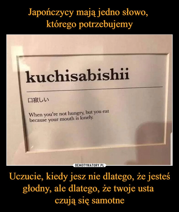 
    Japończycy mają jedno słowo, 
którego potrzebujemy Uczucie, kiedy jesz nie dlatego, że jesteś głodny, ale dlatego, że twoje usta 
czują się samotne