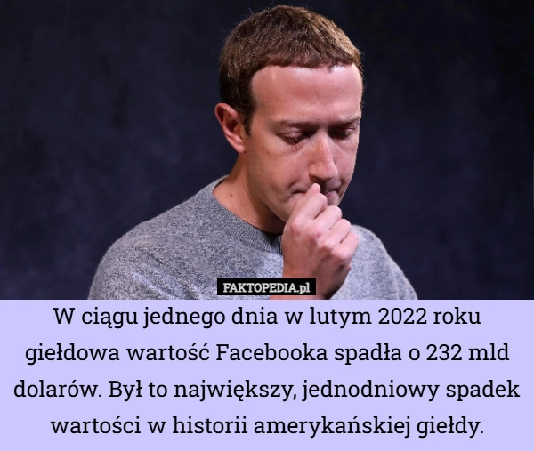 
    W ciągu jednego dnia w lutym 2022 roku giełdowa wartość Facebooka spadła