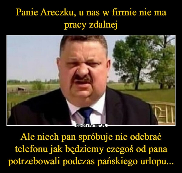 
    Panie Areczku, u nas w firmie nie ma pracy zdalnej Ale niech pan spróbuje nie odebrać telefonu jak będziemy czegoś od pana potrzebowali podczas pańskiego urlopu...