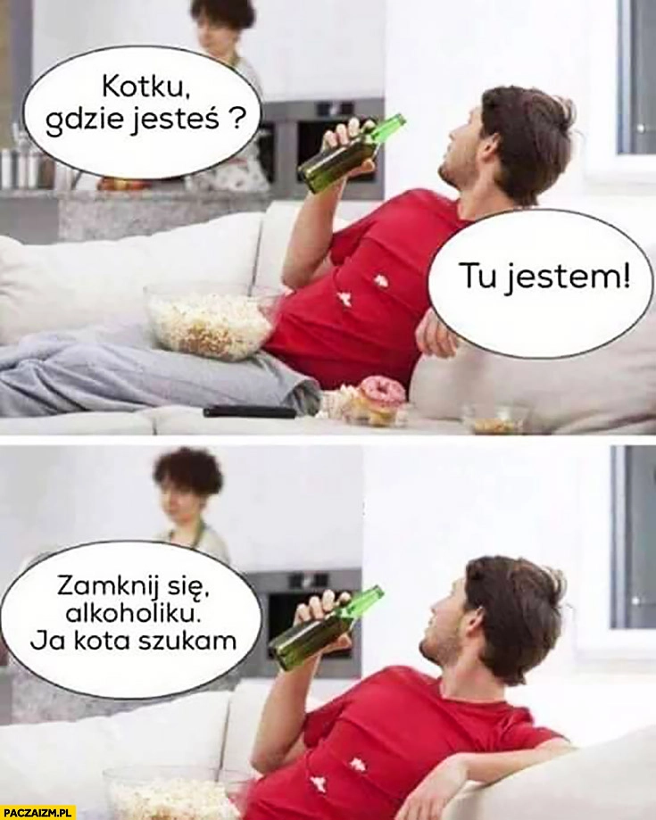 
    Kotku gdzie jesteś? Tu jestem, zamknij się alkoholiku, ja kota szukam