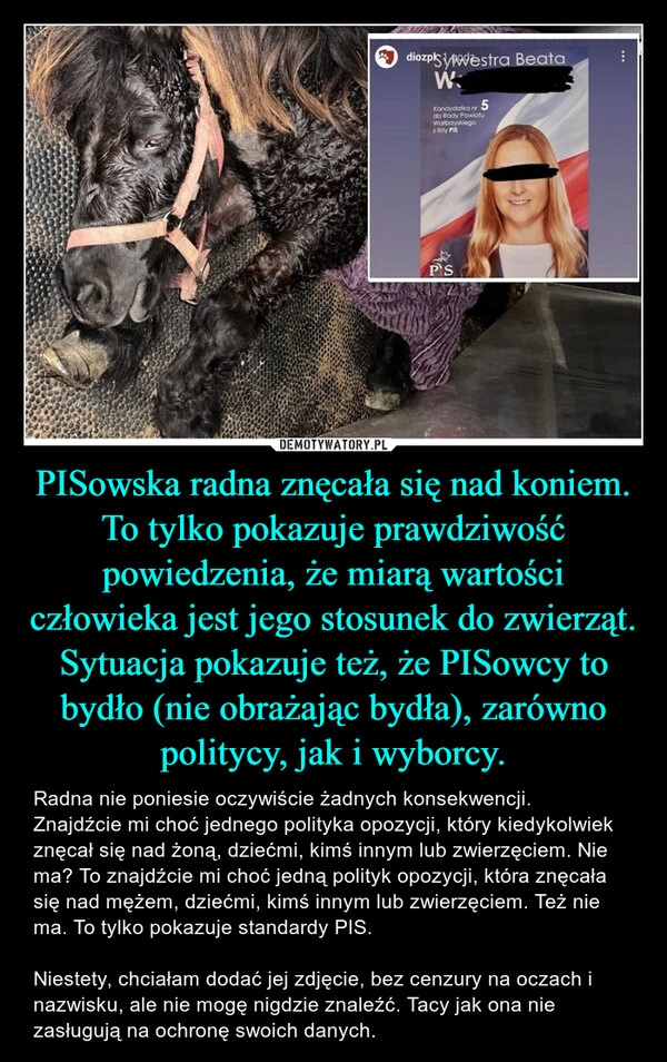 
    
PISowska radna znęcała się nad koniem. To tylko pokazuje prawdziwość powiedzenia, że miarą wartości człowieka jest jego stosunek do zwierząt. Sytuacja pokazuje też, że PISowcy to bydło (nie obrażając bydła), zarówno politycy, jak i wyborcy. 