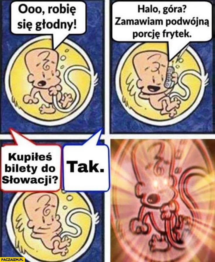 
    Dziecko w brzuchu robię się głodny halo góra zamawiam podwójną porcję frytek. Kupiłeś bilety do Słowacji? tak