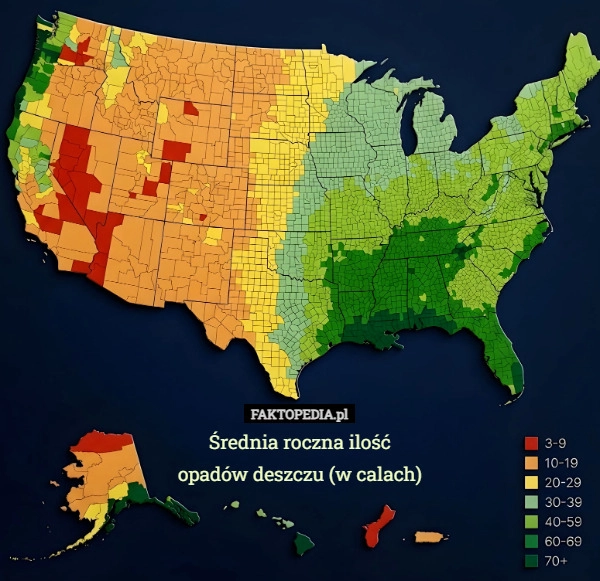 
    Średnia roczna ilość
opadów deszczu (w calach)