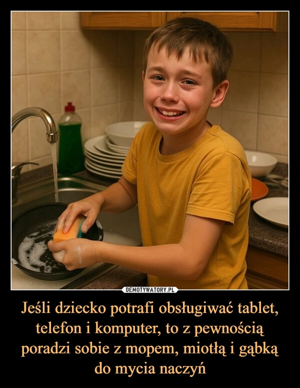 
    Jeśli dziecko potrafi obsługiwać tablet, telefon i komputer, to z pewnością poradzi sobie z mopem, miotłą i gąbką do mycia naczyń