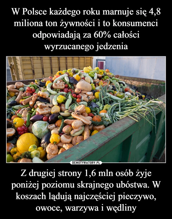 
    W Polsce każdego roku marnuje się 4,8 miliona ton żywności i to konsumenci odpowiadają za 60% całości wyrzucanego jedzenia Z drugiej strony 1,6 mln osób żyje poniżej poziomu skrajnego ubóstwa. W koszach lądują najczęściej pieczywo, owoce, warzywa i wędliny