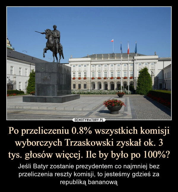 
    Po przeliczeniu 0.8% wszystkich komisji wyborczych Trzaskowski zyskał ok. 3 tys. głosów więcej. Ile by było po 100%?