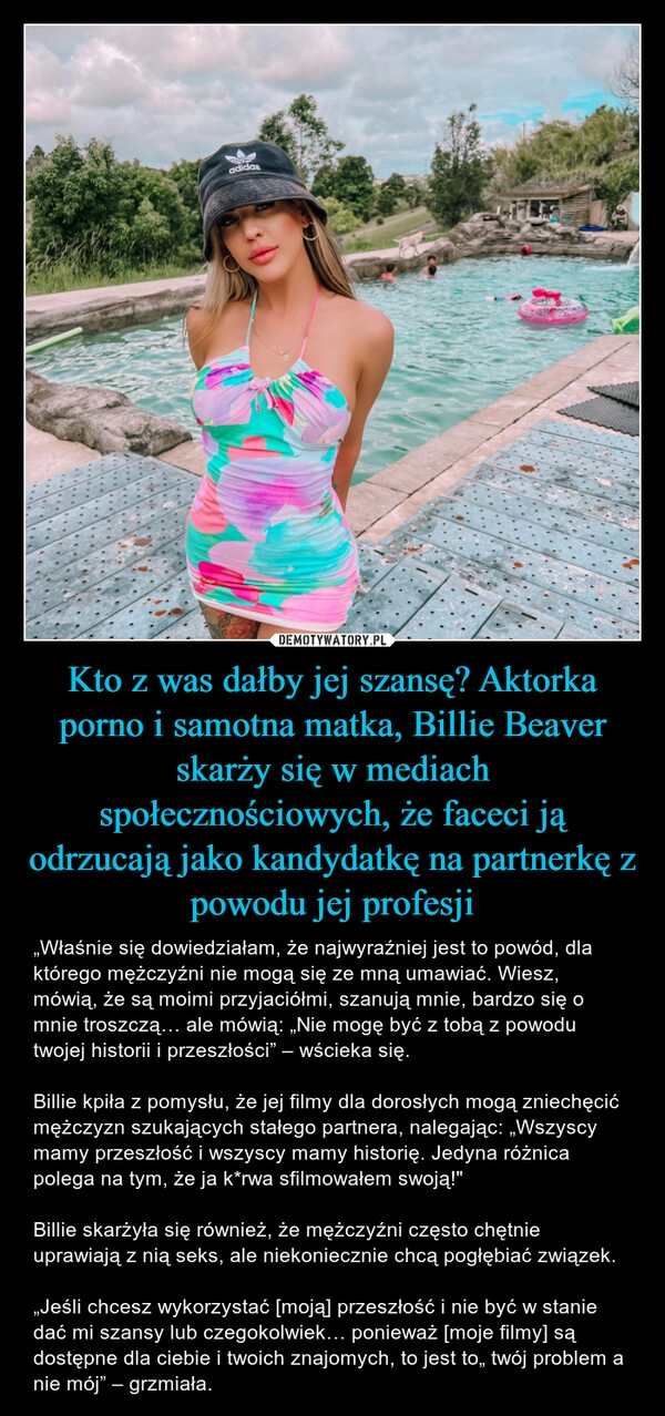 
    Kto z was dałby jej szansę? Aktorka porno i samotna matka, Billie Beaver skarży się w mediach społecznościowych, że faceci ją odrzucają jako kandydatkę na partnerkę z powodu jej profesji