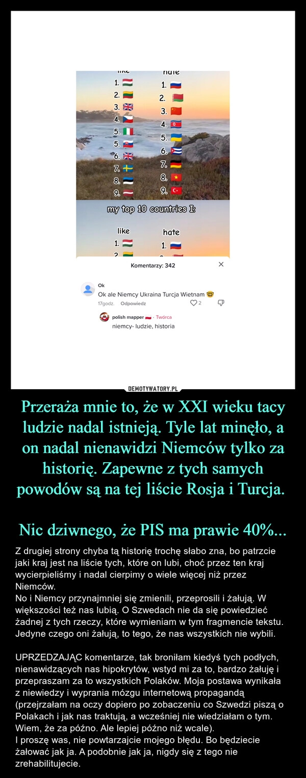 
    Przeraża mnie to, że w XXI wieku tacy ludzie nadal istnieją. Tyle lat minęło, a on nadal nienawidzi Niemców tylko za historię. Zapewne z tych samych powodów są na tej liście Rosja i Turcja. 

Nic dziwnego, że PIS ma prawie 40%...