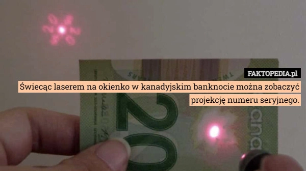 
    Świecąc laserem na okienko w kanadyjskim banknocie można zobaczyć projekcję