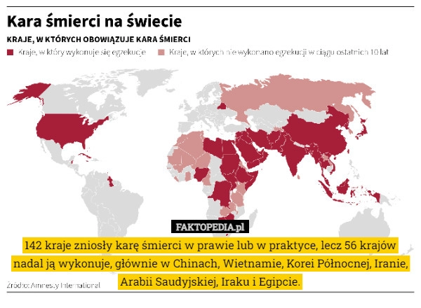 
    142 kraje zniosły karę śmierci w prawie lub w praktyce, lecz 56 krajów nadal