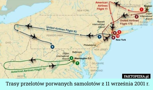 
    Trasy przelotów porwanych samolotów z 11 września 2001 r.