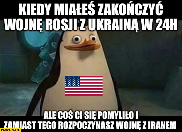 
    Pingwin USA Stany Zjednoczone Trump kiedy miałeś zakończyć wojnę rosji z Ukrainą w 24h ale ci się pomyliło i zamiast tego rozpoczynasz wojnę z Iranem