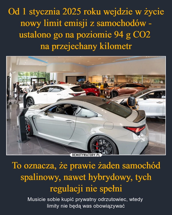 
    Od 1 stycznia 2025 roku wejdzie w życie nowy limit emisji z samochodów - ustalono go na poziomie 94 g CO2 
na przejechany kilometr To oznacza, że prawie żaden samochód spalinowy, nawet hybrydowy, tych regulacji nie spełni