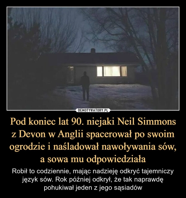 
    Pod koniec lat 90. niejaki Neil Simmons z Devon w Anglii spacerował po swoim ogrodzie i naśladował nawoływania sów, a sowa mu odpowiedziała