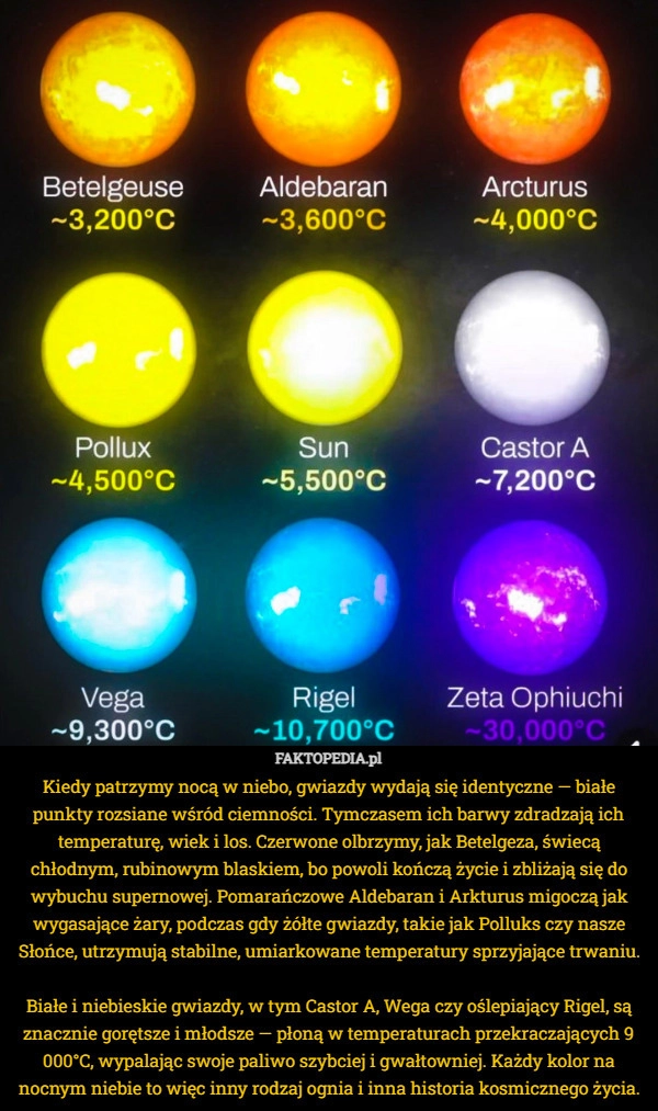 
    Kiedy patrzymy nocą w niebo, gwiazdy wydają się identyczne — białe punkty