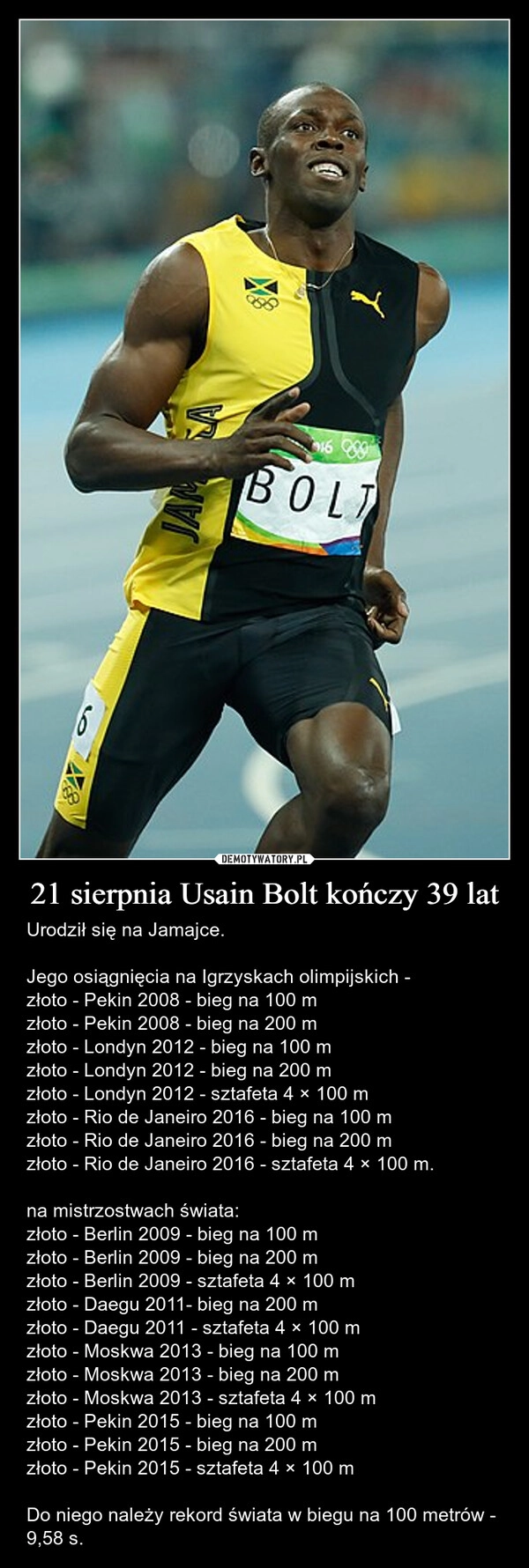 
    21 sierpnia Usain Bolt kończy 39 lat