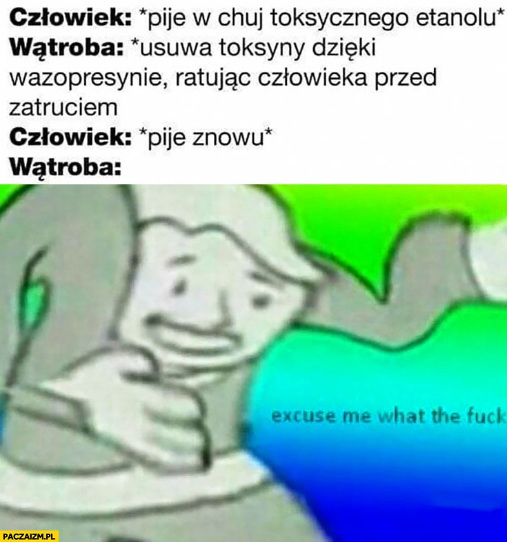 
    Człowiek pije alkohol, wątroba usuwa toksyny ratując przed zatruciem, człowiek pije znowu wątroba wtf what the fuck