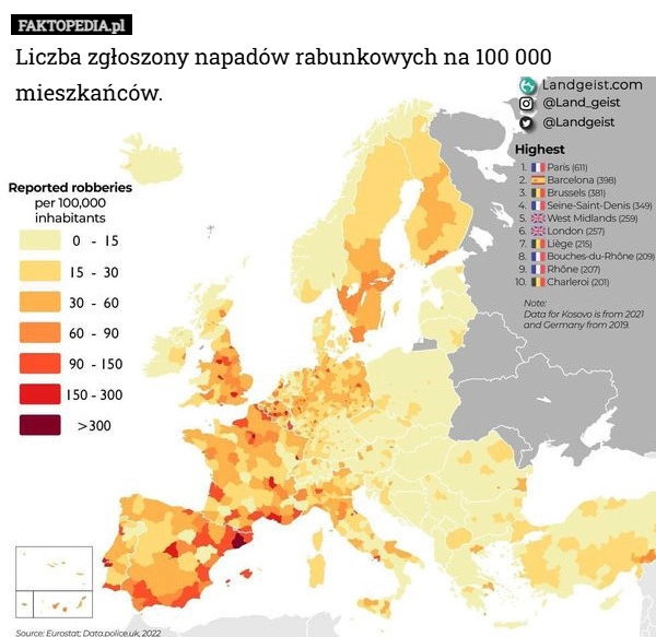 
    Liczba zgłoszony napadów rabunkowych na 100 000 mieszkańców.