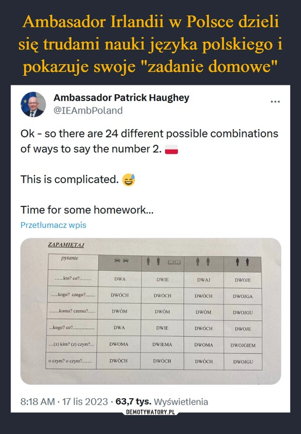 
    Ambasador Irlandii w Polsce dzieli się trudami nauki języka polskiego i pokazuje swoje "zadanie domowe"