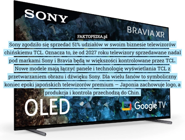 
    Sony zgodziło się sprzedać 51% udziałów w swoim biznesie telewizorów chińskiemu