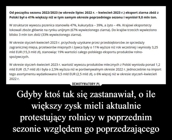 
    Gdyby ktoś tak się zastanawiał, o ile większy zysk mieli aktualnie protestujący rolnicy w poprzednim sezonie względem go poprzedzającego