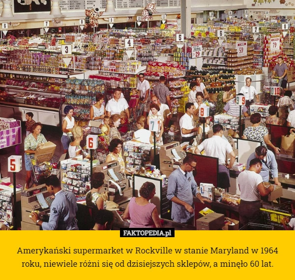 
    Amerykański supermarket w Rockville w stanie Maryland w 1964 roku, niewiele