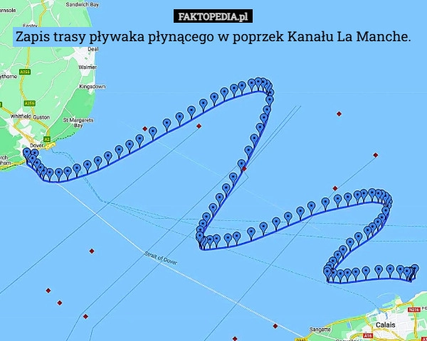 Zapis trasy pływaka płynącego w poprzek Kanału La Manche.