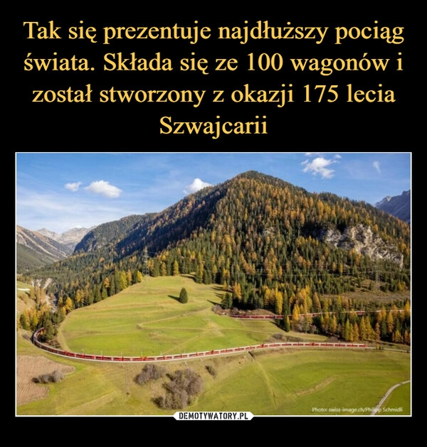 
    Tak się prezentuje najdłuższy pociąg świata. Składa się ze 100 wagonów i został stworzony z okazji 175 lecia Szwajcarii