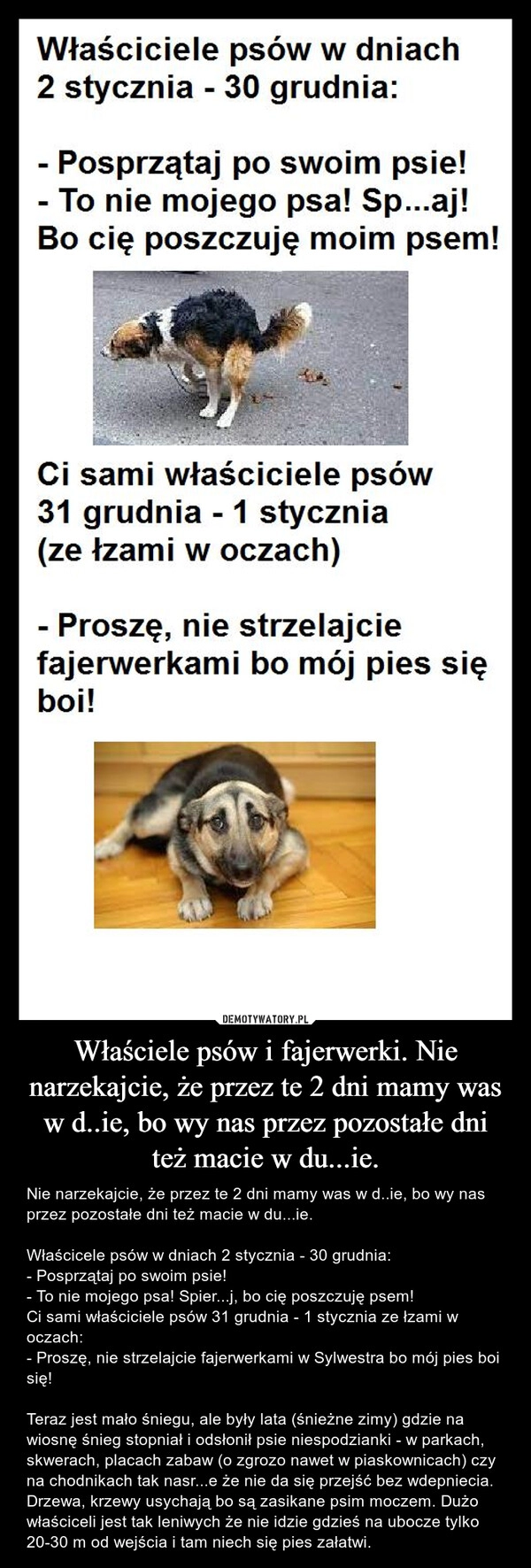 
    Właściele psów i fajerwerki. Nie narzekajcie, że przez te 2 dni mamy was w d..ie, bo wy nas przez pozostałe dni też macie w du...ie.