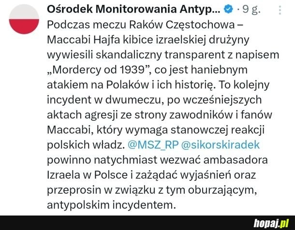 
    Skandaliczne zachowanie kibiców Maccabi Hajfa