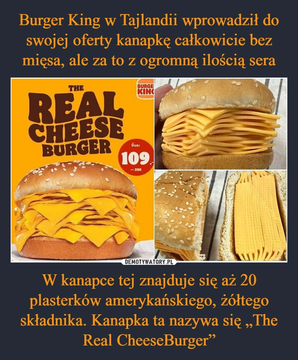 
    Burger King w Tajlandii wprowadził do swojej oferty kanapkę całkowicie bez mięsa, ale za to z ogromną ilością sera W kanapce tej znajduje się aż 20 plasterków amerykańskiego, żółtego składnika. Kanapka ta nazywa się „The Real CheeseBurger”