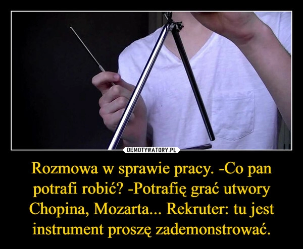 
    
Rozmowa w sprawie pracy. -Co pan potrafi robić? -Potrafię grać utwory Chopina, Mozarta... Rekruter: tu jest instrument proszę zademonstrować. 