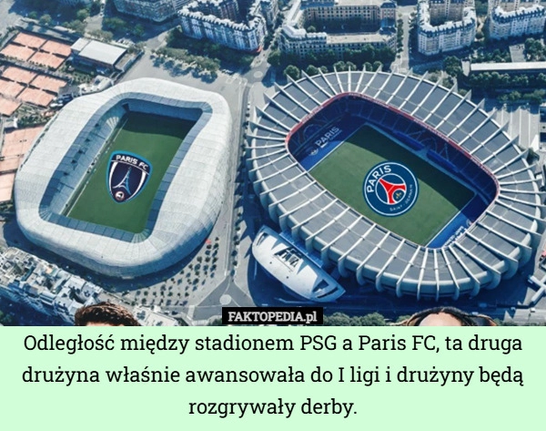 
    Odległość między stadionem PSG a Paris FC, ta druga drużyna właśnie awansowała