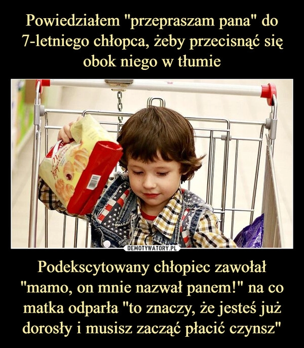 
    Powiedziałem ''przepraszam pana" do 7-letniego chłopca, żeby przecisnąć się obok niego w tłumie Podekscytowany chłopiec zawołał ''mamo, on mnie nazwał panem!" na co matka odparła ''to znaczy, że jesteś już dorosły i musisz zacząć płacić czynsz"