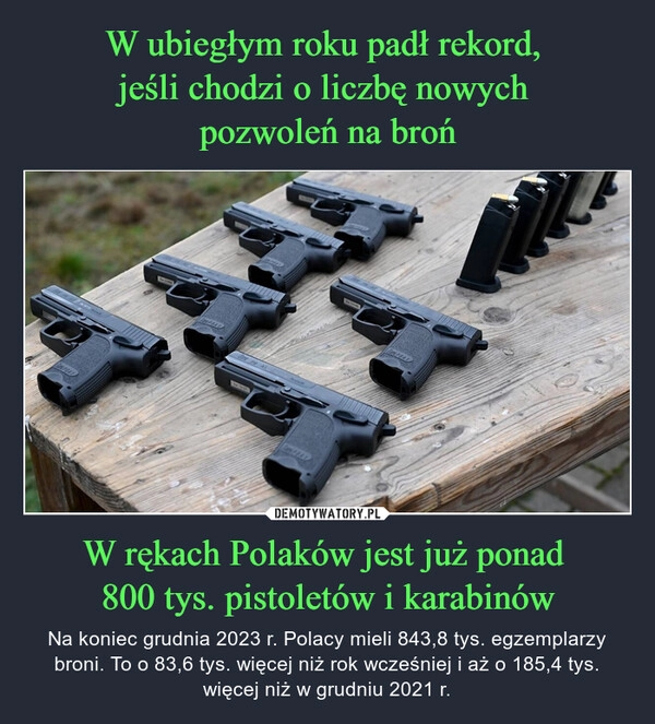 
    W ubiegłym roku padł rekord, 
jeśli chodzi o liczbę nowych 
pozwoleń na broń W rękach Polaków jest już ponad 
800 tys. pistoletów i karabinów