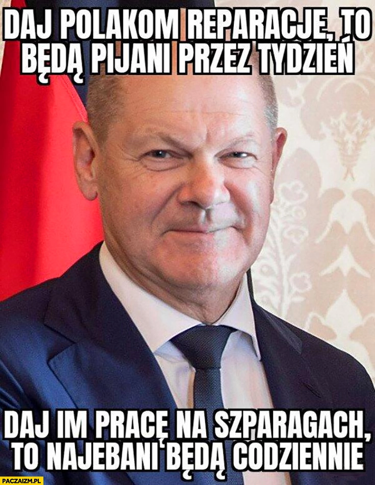 
    Scholz daj Polakom reparacje to będą pijani przez tydzień, daj im pracę na szparagach to będą nawaleni codziennie