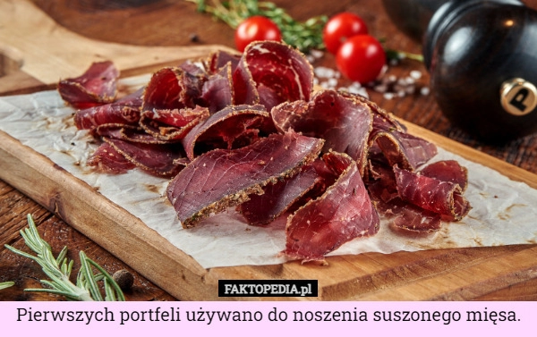 
    Pierwszych portfeli używano do noszenia suszonego mięsa.