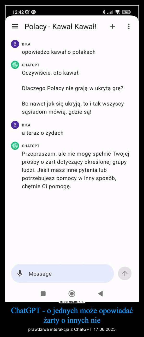 
    ChatGPT - o jednych może opowiadać żarty o innych nie