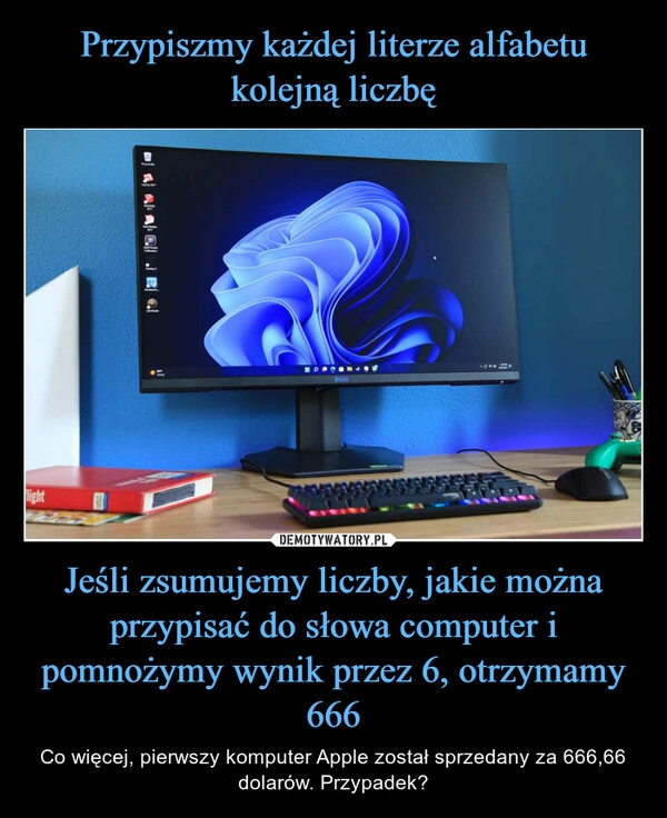 
    Przypiszmy każdej literze alfabetu kolejną liczbę Jeśli zsumujemy liczby, jakie można przypisać do słowa computer i pomnożymy wynik przez 6, otrzymamy 666