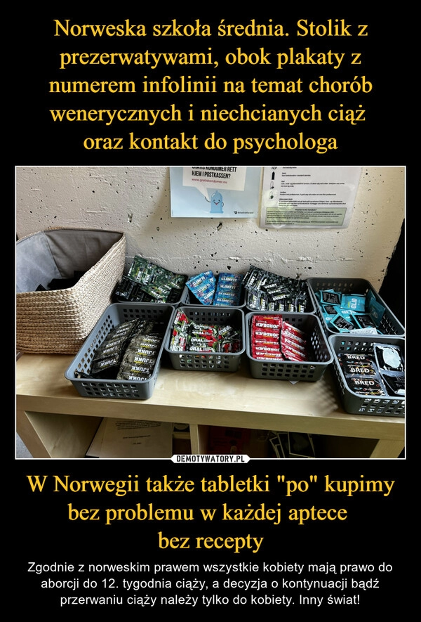 
    Norweska szkoła średnia. Stolik z prezerwatywami, obok plakaty z numerem infolinii na temat chorób wenerycznych i niechcianych ciąż 
oraz kontakt do psychologa W Norwegii także tabletki "po" kupimy bez problemu w każdej aptece 
bez recepty