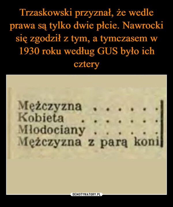 
    Trzaskowski przyznał, że wedle prawa są tylko dwie płcie. Nawrocki się zgodził z tym, a tymczasem w 1930 roku według GUS było ich cztery