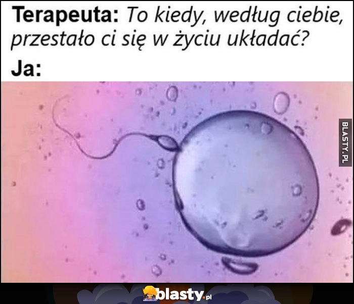 
    Terapeuta: to kiedy według ciebie, przestało ci się w życiu układać? Ja: poczęcie