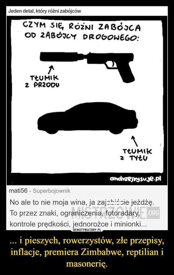 
    ... i pieszych, rowerzystów, złe przepisy, inflacje, premiera Zimbabwe, reptilian i masonerię.