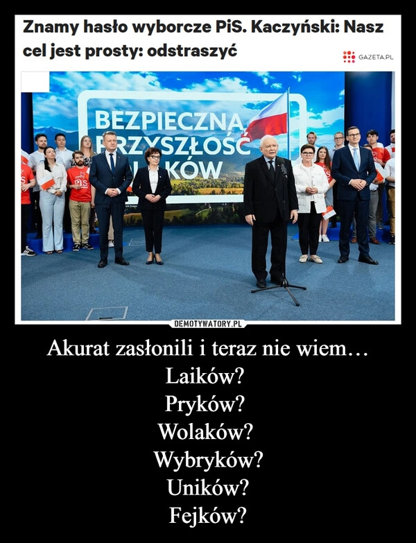 
    Akurat zasłonili i teraz nie wiem…
Laików? 
Pryków? 
Wolaków? 
Wybryków?
Uników?
Fejków?