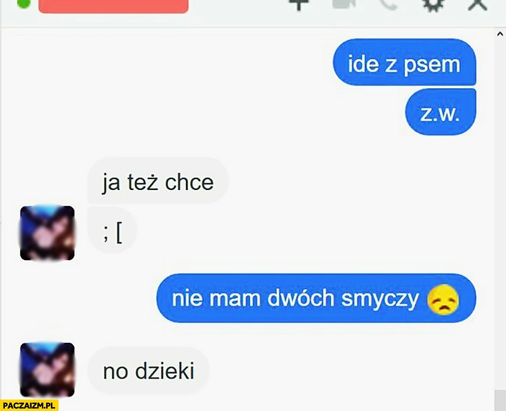 
    Idę z psem, ja też chcę, nie mam dwóch smyczy rozmowa na messengerze