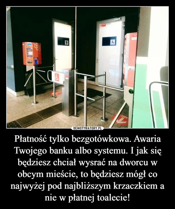 
    Płatność tylko bezgotówkowa. Awaria Twojego banku albo systemu. I jak się będziesz chciał wysrać na dworcu w obcym mieście, to będziesz mógł co najwyżej pod najbliższym krzaczkiem a nie w płatnej toalecie!