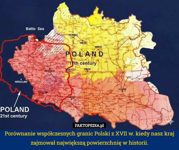 
    Porównanie współczesnych granic Polski z XVII w. kiedy nasz kraj zajmował