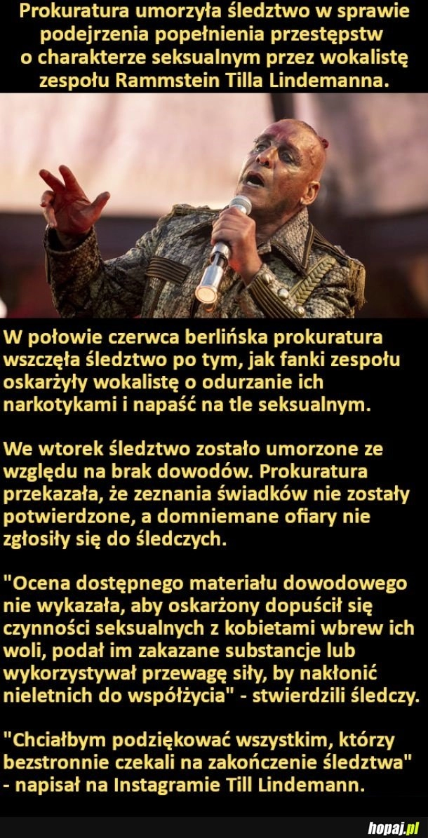 
    Prokuratura umorzyła śledztwo ws. wokalisty grupy Rammstein