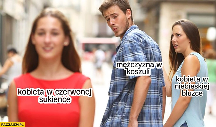 
    Kobieta w czerwonej sukience, mężczyzna w koszuli, kobieta w niebieskiej bluzce postmemizm